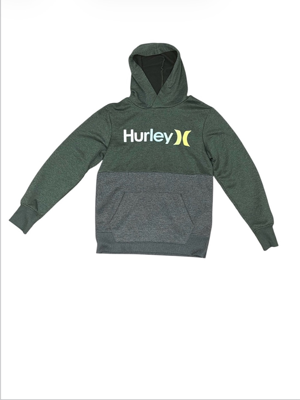 Hurley Youth Boys Green Gray Colorblock Pullover Hoodie Size M
